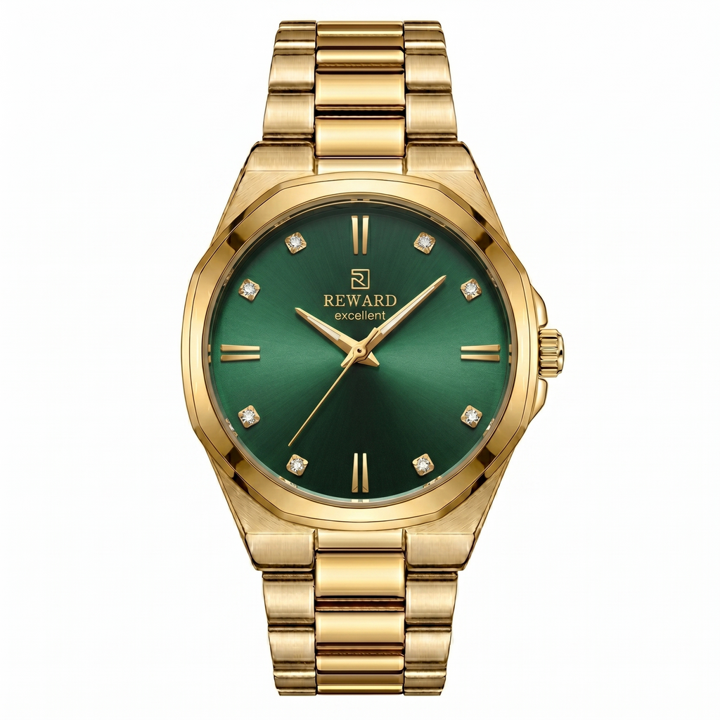 Montre femme Reward Prestige Émeraude — cadran vert cristaux boîtier doré, Tunisie