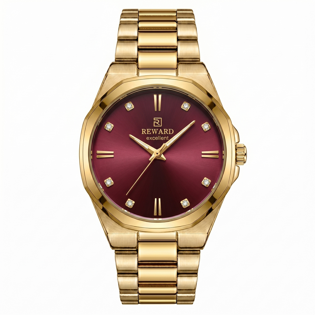 Montre femme Reward Prestige Sang Royal — cadran rouge cristaux boîtier doré, Tunisie