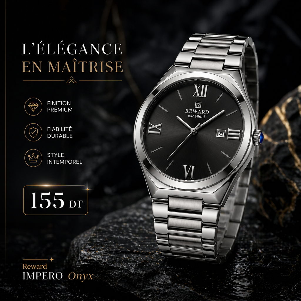 Reward IMPERO Onyx — vue de profil montre homme noir acier Tunisie