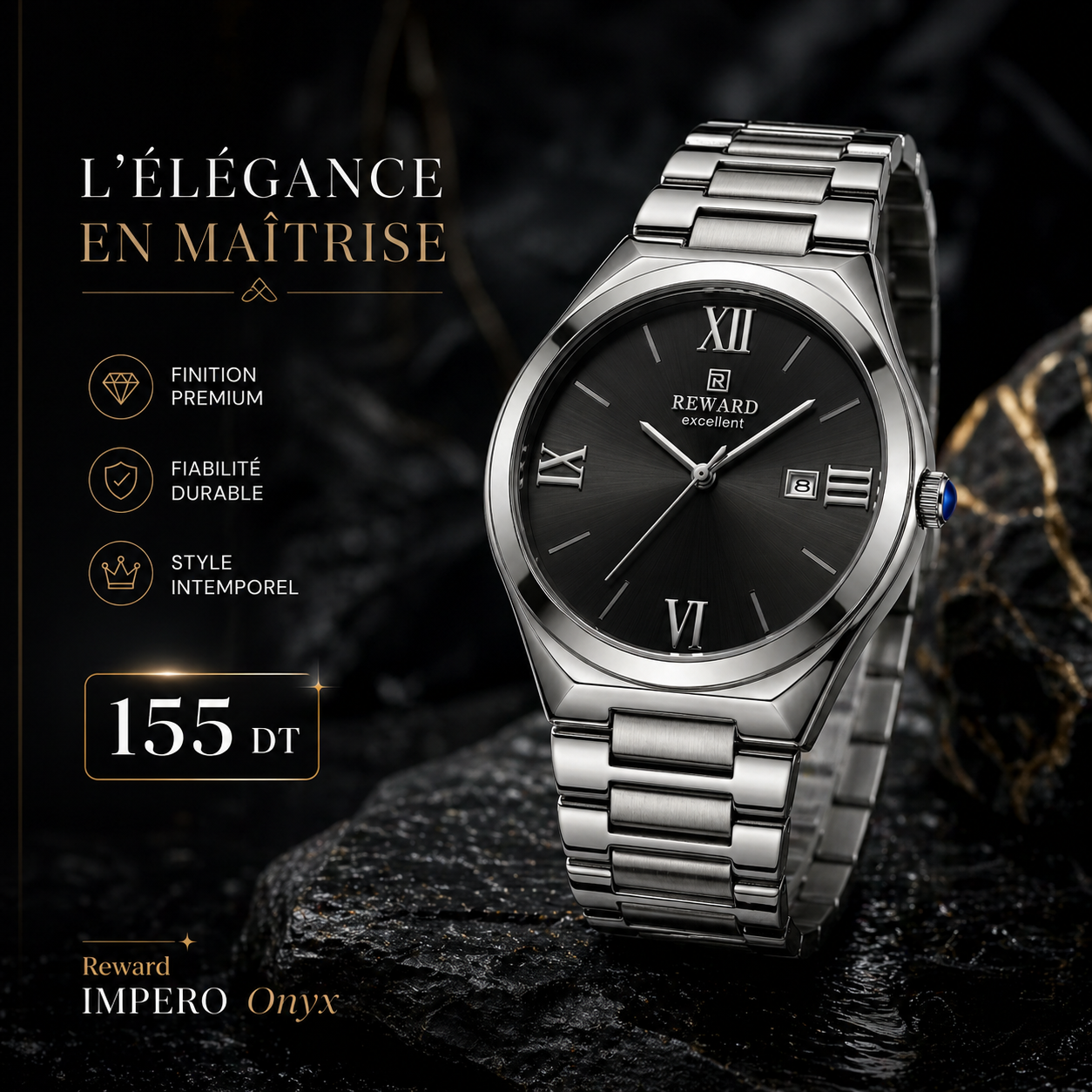 Reward IMPERO Onyx — vue de profil montre homme noir acier Tunisie