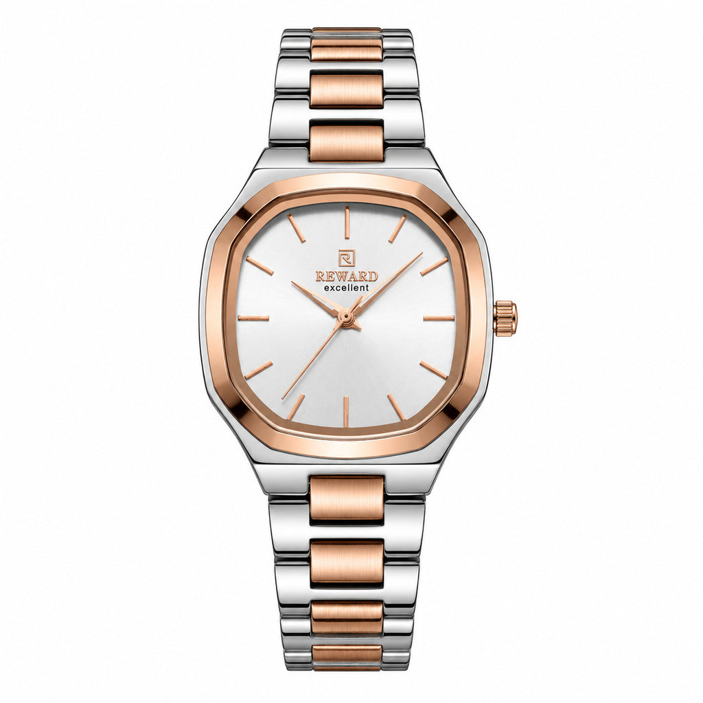 Reward Watches Facette Rosée women's watch with silver stainless steel case, rose gold bezel, white dial, and bicolour bracelet.