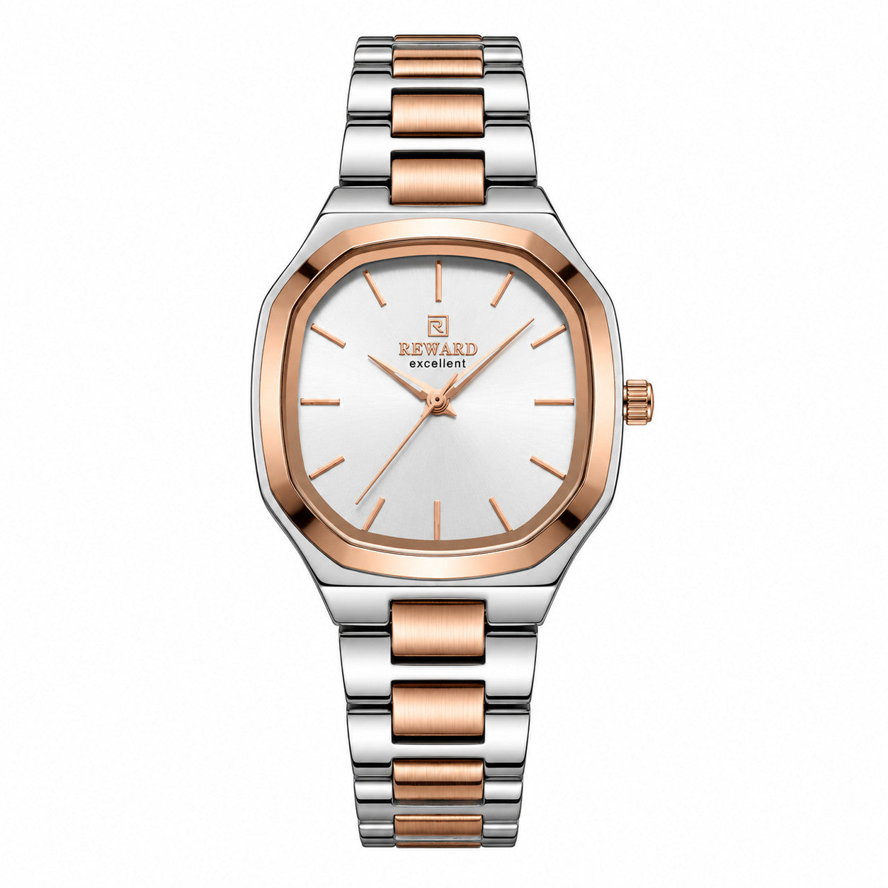 Reward Watches Facette Rosée women's watch with silver stainless steel case, rose gold bezel, white dial, and bicolour bracelet.
