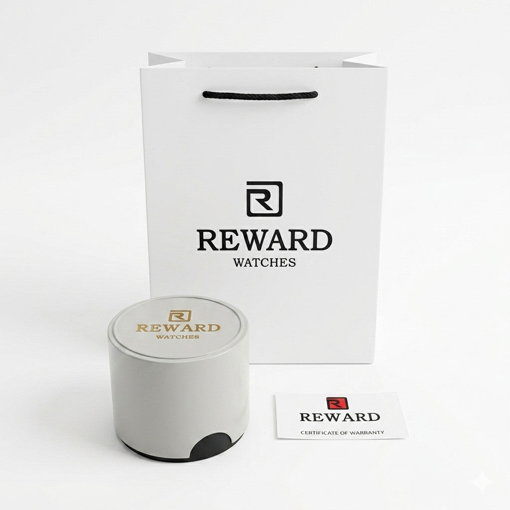 Reward Watches Lumière Éden women's watch with gold-tone stainless steel case, green sunray dial, and gold-tone bracelet. Includes gift box and warranty card.