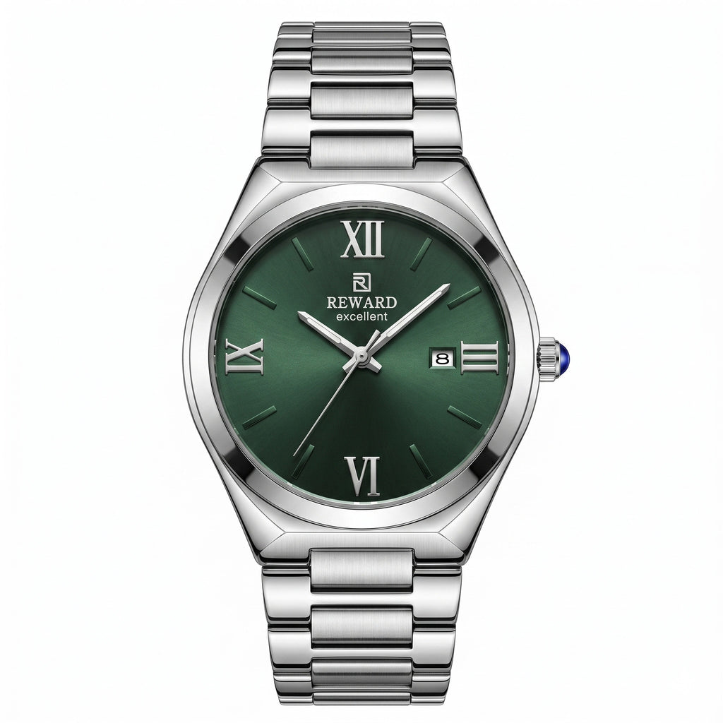 Reward Watches silver stainless steel watch with deep green sunray dial, Roman numerals, and date window. Ribbed bezel.