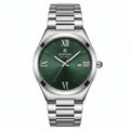 Reward Watches silver stainless steel watch with deep green sunray dial, Roman numerals, and date window. Ribbed bezel.