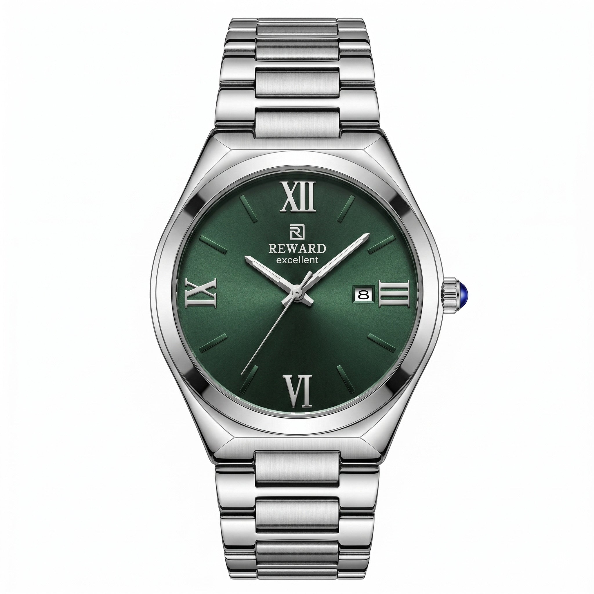 Reward Watches silver stainless steel watch with deep green sunray dial, Roman numerals, and date window. Ribbed bezel.