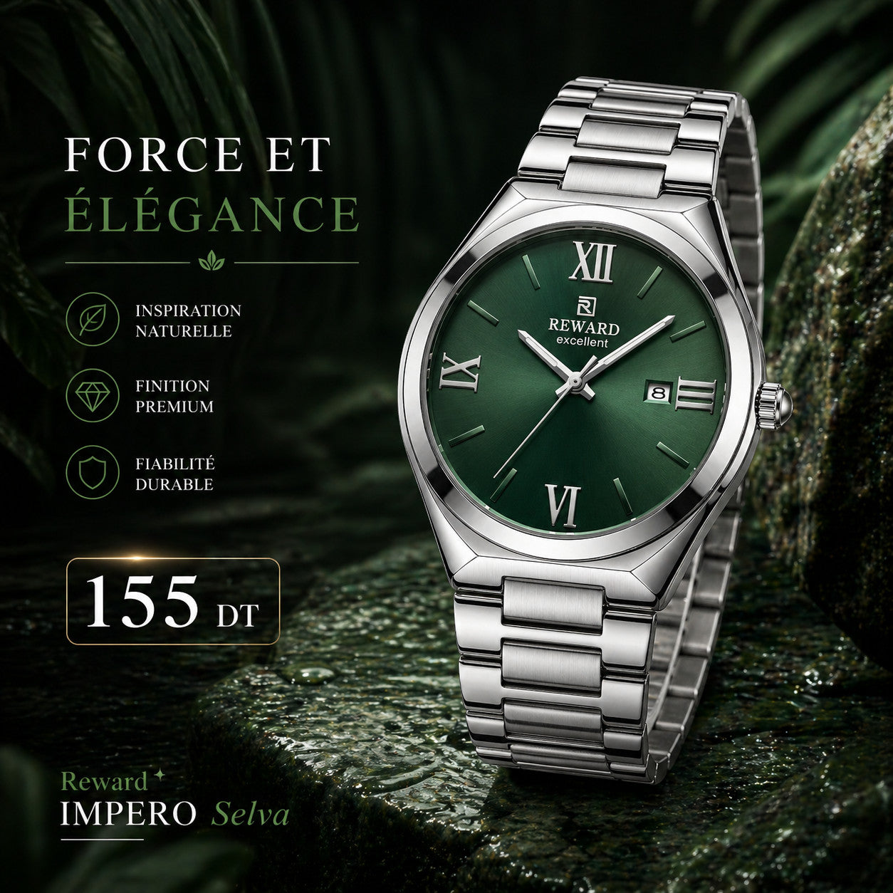 Reward IMPERO Selva stainless steel watch with a deep green sunray dial, Roman numerals, and date window. Silver-tone case and bracelet.