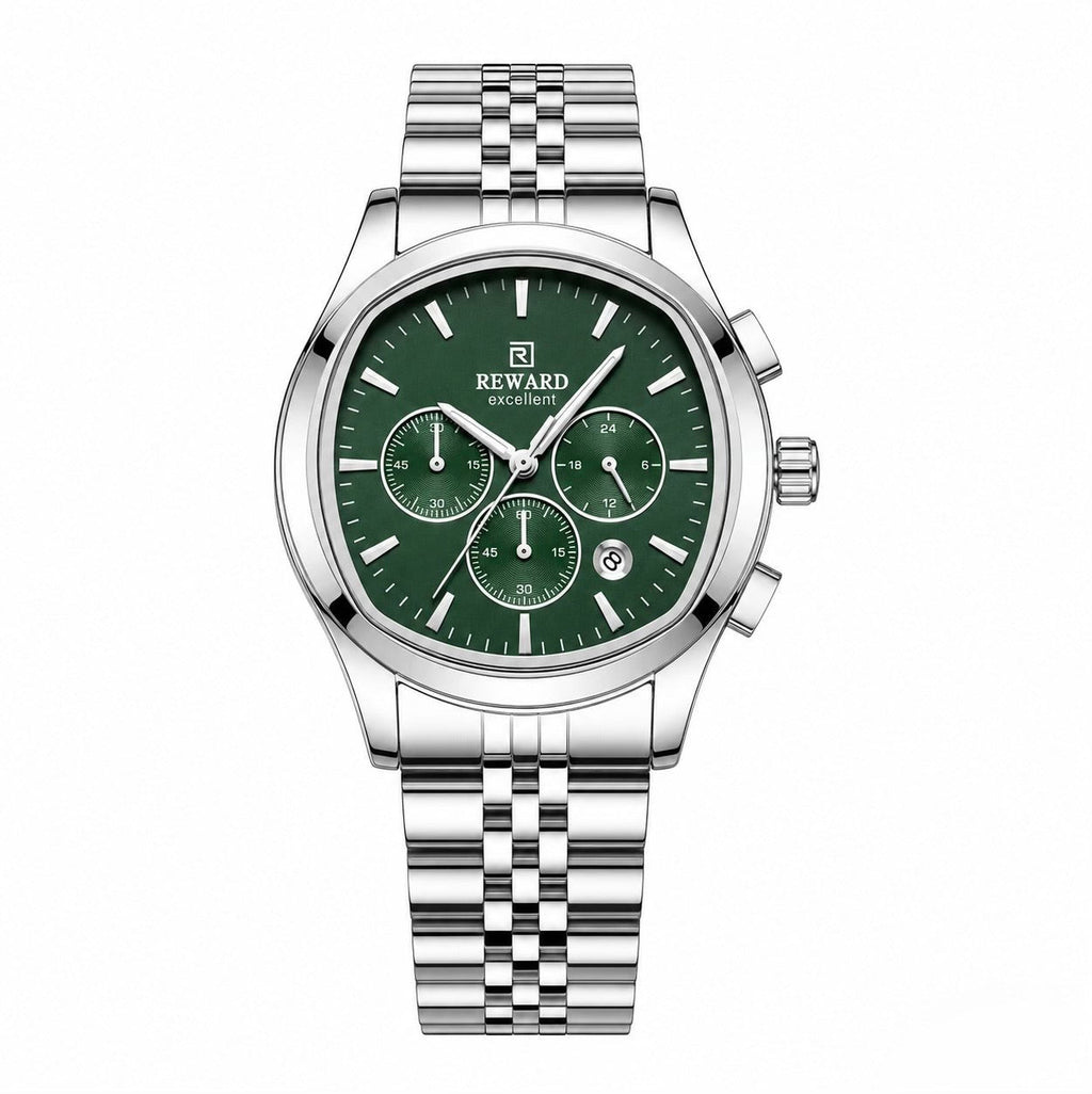 Reward Watches Maestro men's chronograph watch with forest green dial, stainless steel case and jubilee bracelet.