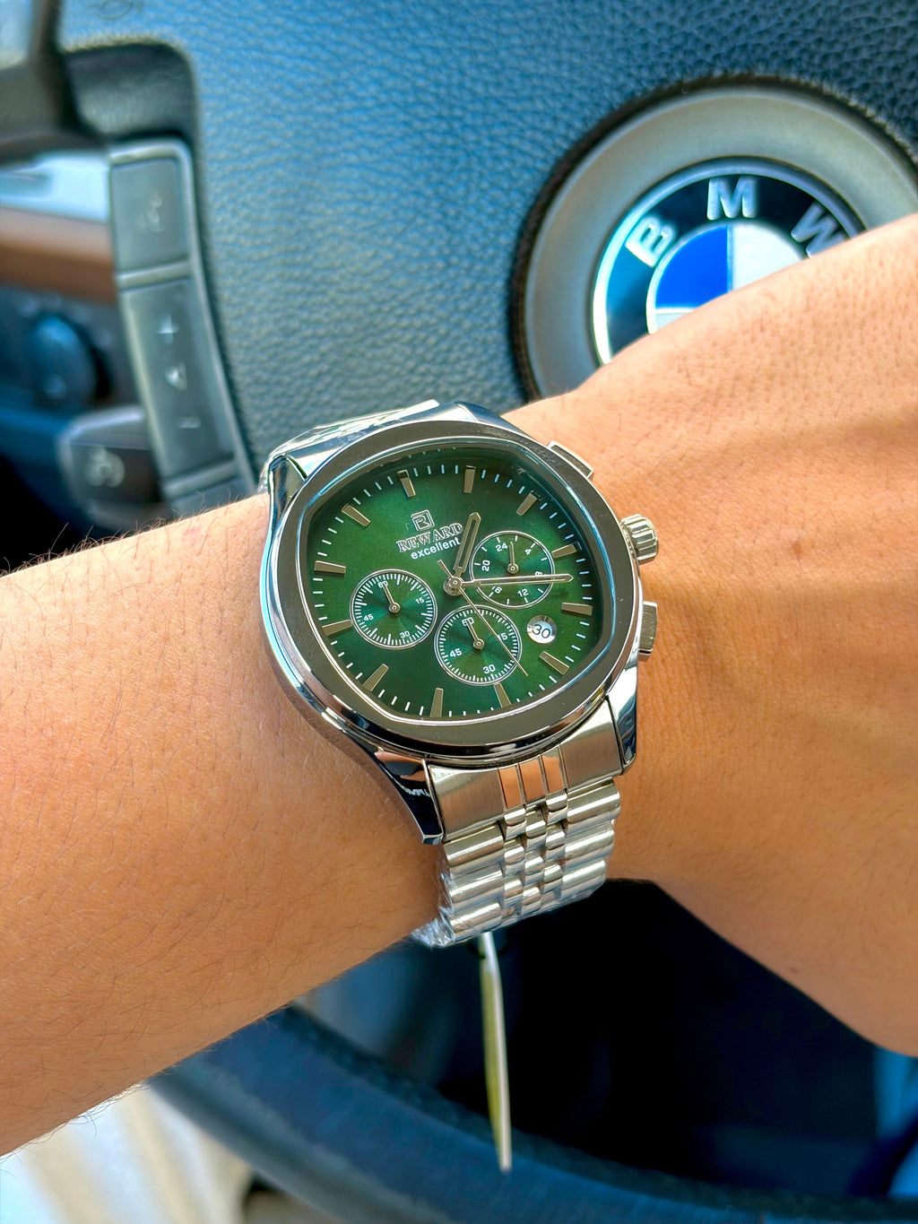 Reward Watches Maestro men's chronograph watch with forest green dial and silver stainless steel jubilee bracelet.