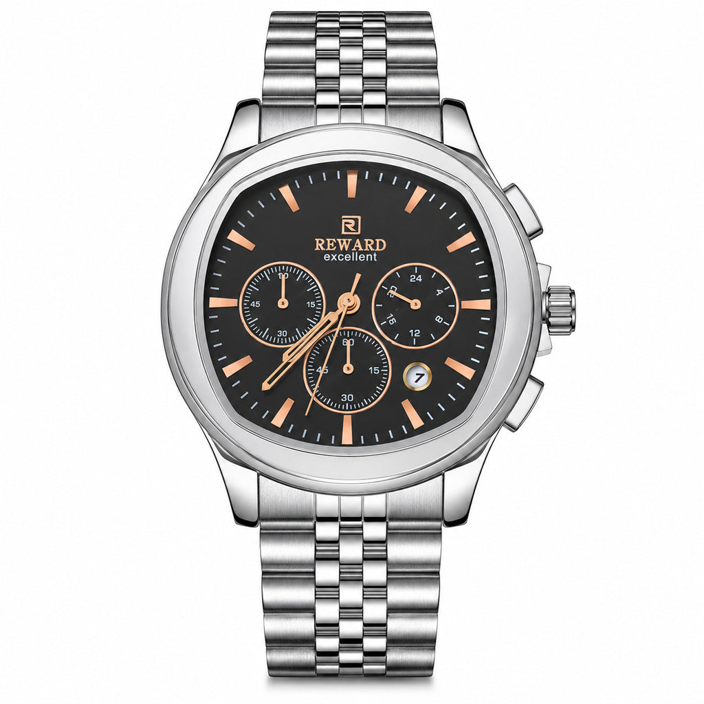 Reward Watches Maestro Noir Argent stainless steel chronograph watch with black dial and rose gold accents.
