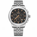 Reward Watches Maestro Noir Argent stainless steel chronograph watch with black dial and rose gold accents.