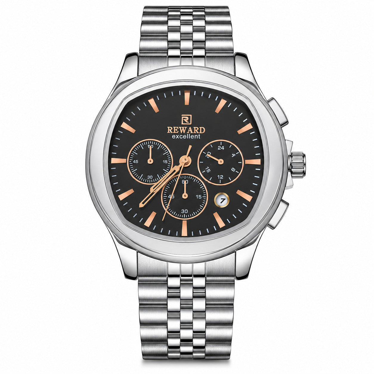 Reward Watches Maestro Noir Argent stainless steel chronograph watch with black dial and rose gold accents.